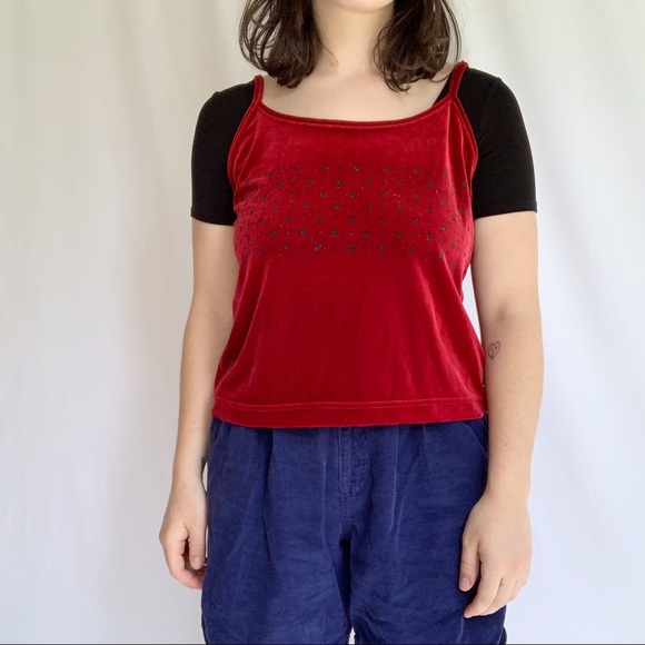 VTG 90s Red Velvet Black Sparkle Camisole Tank L - Picture 4 of 6